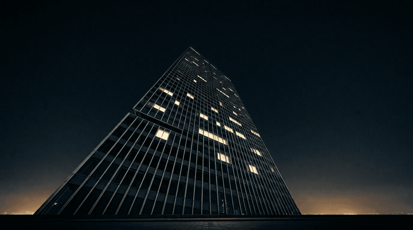 Cinematic upward shot of a tall glass-and-steel commercial building at night, with a constellation of warmly lit windows.