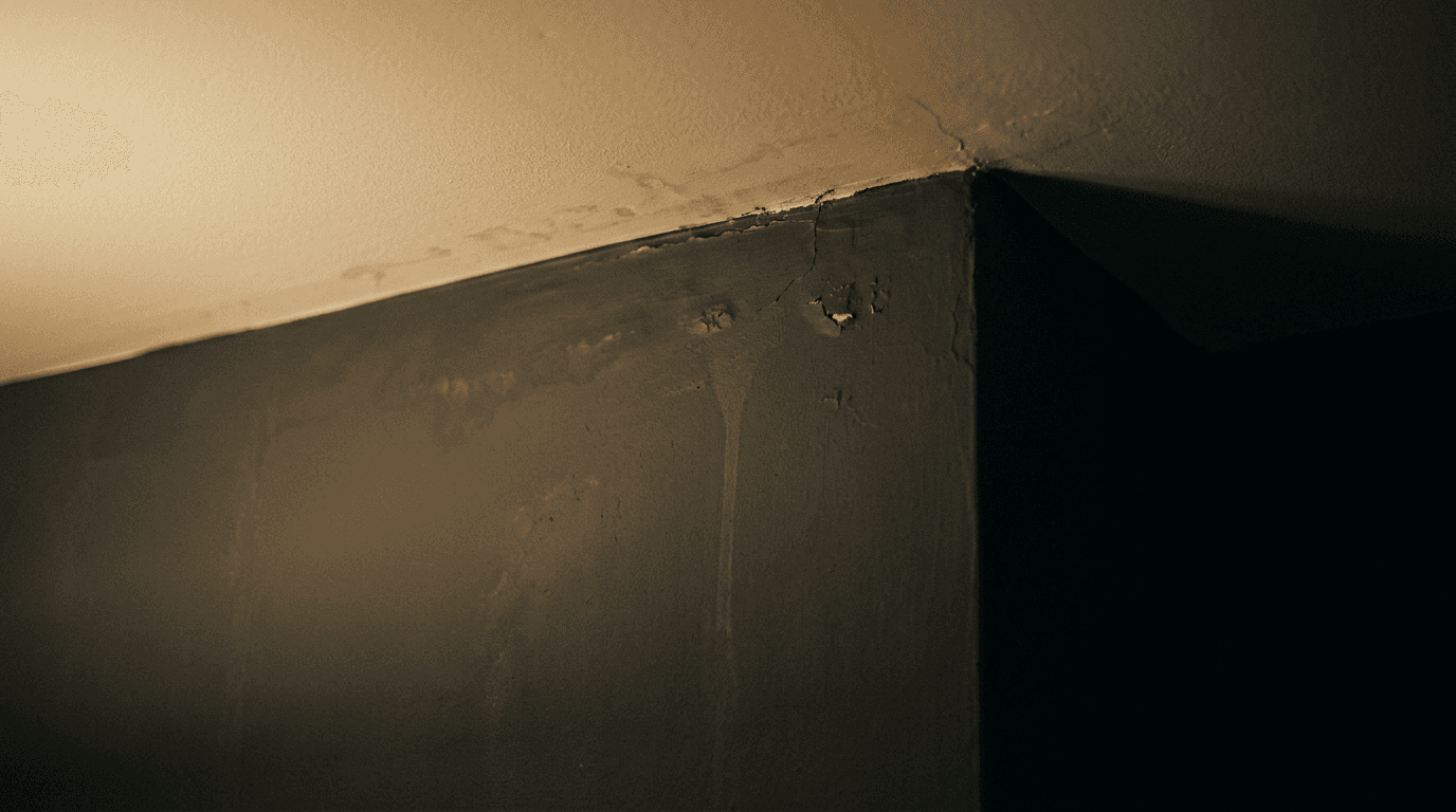 Moisture damage in a wall corner with hairline crack.